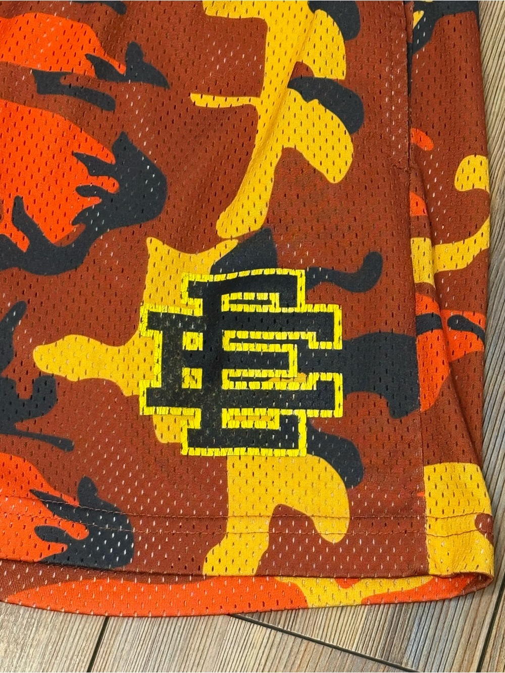 Preowned Eric Emanuel Orange and Yellow Camo Athletic Shorts Size Small - Picture 2 of 4